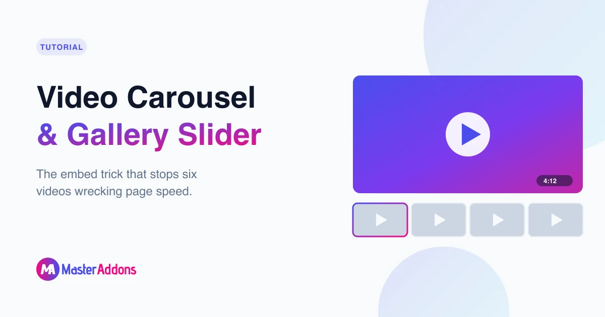 Featured image: Elementor video carousel with a large play button preview, runtime badge and thumbnail strip