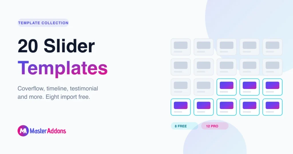 Featured image: 20 Elementor slider templates shown as a grid of tiles, eight marked free and twelve Pro