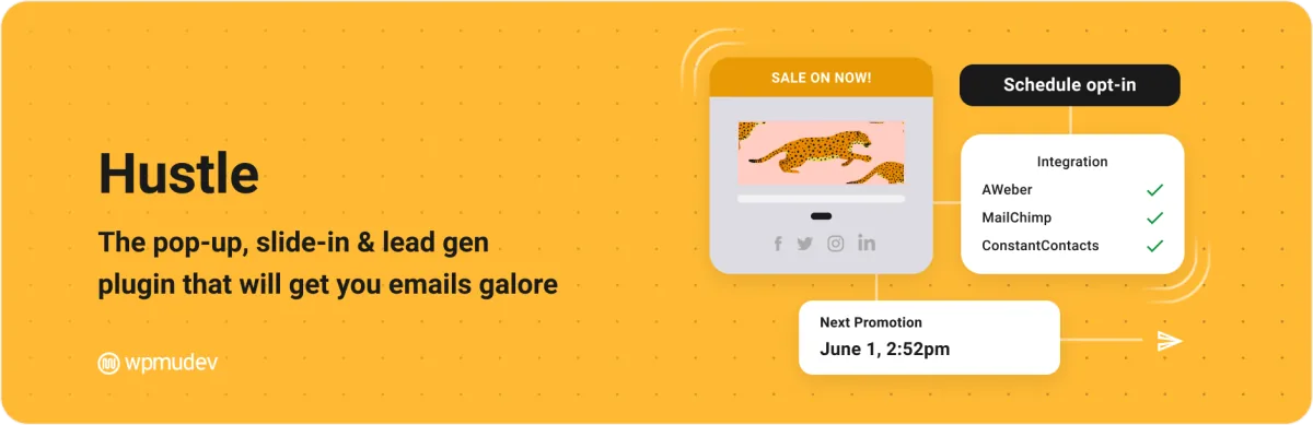 Hustle plugin banner by WPMU DEV, described as the pop-up, slide-in and lead gen plugin, showing AWeber, MailChimp and ConstantContact integrations
