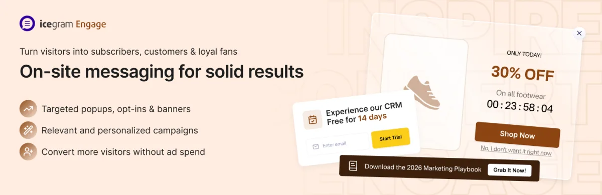 Icegram Engage plugin banner reading on-site messaging for solid results, showing targeted popups, opt-ins and banners