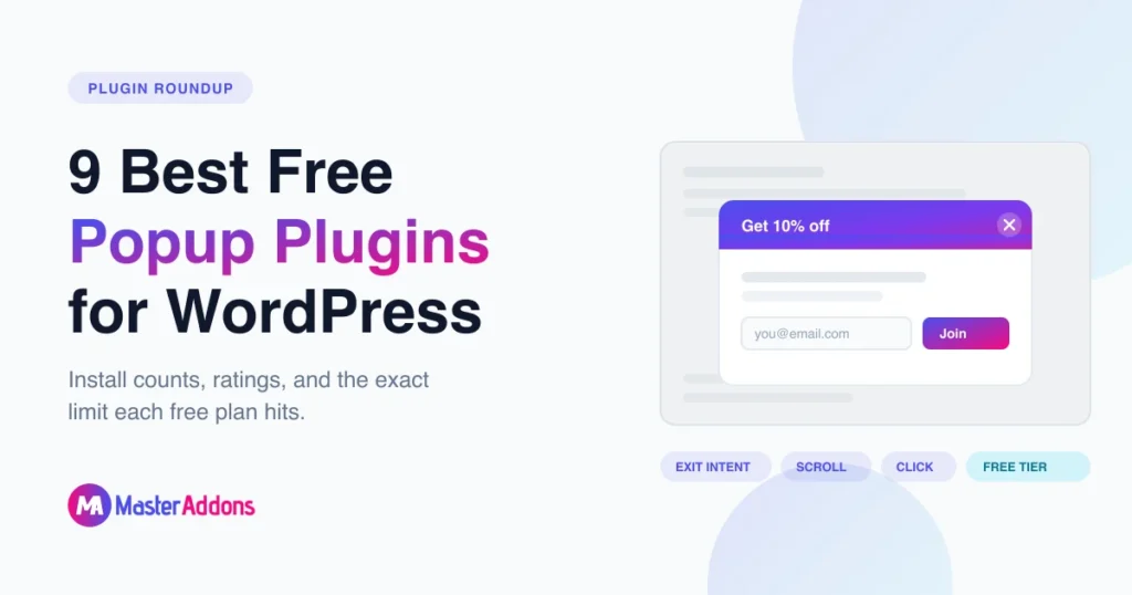 Featured image for the roundup 9 Best Free WordPress Popup Plugins, showing an email capture popup over a dimmed page with exit intent, scroll and click trigger chips
