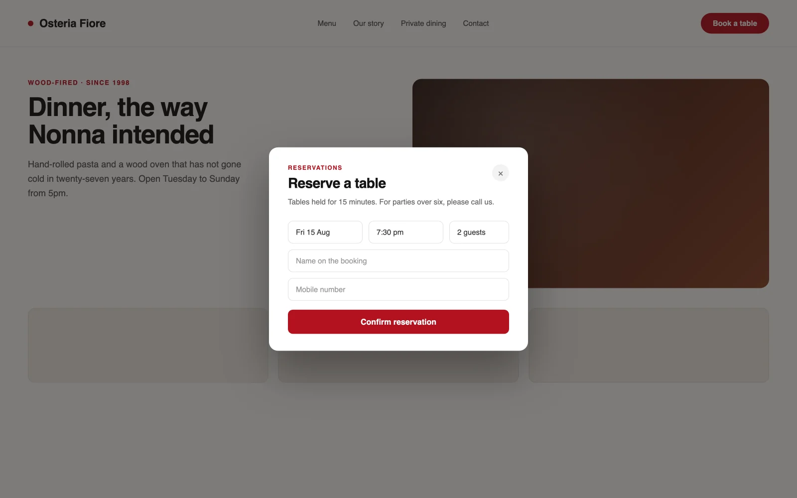 Reserve a table popup opened from a Book a table button on a restaurant website, with date, time, party size and contact fields