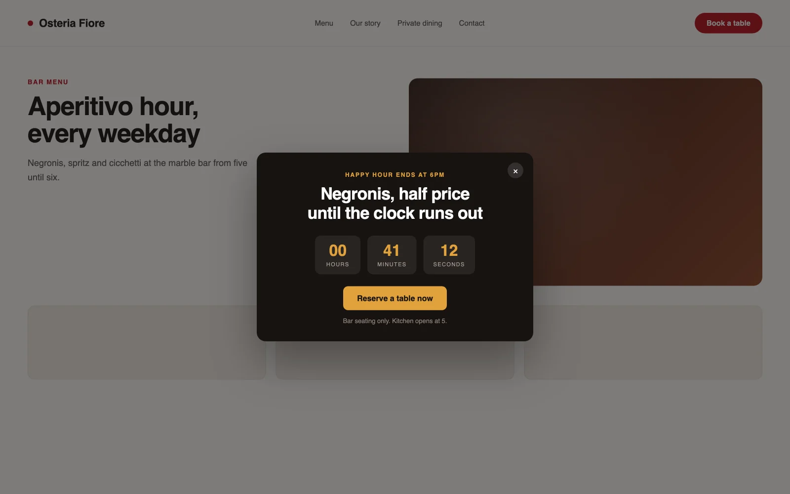 Happy hour popup on a restaurant website with a live countdown showing hours, minutes and seconds until the offer ends