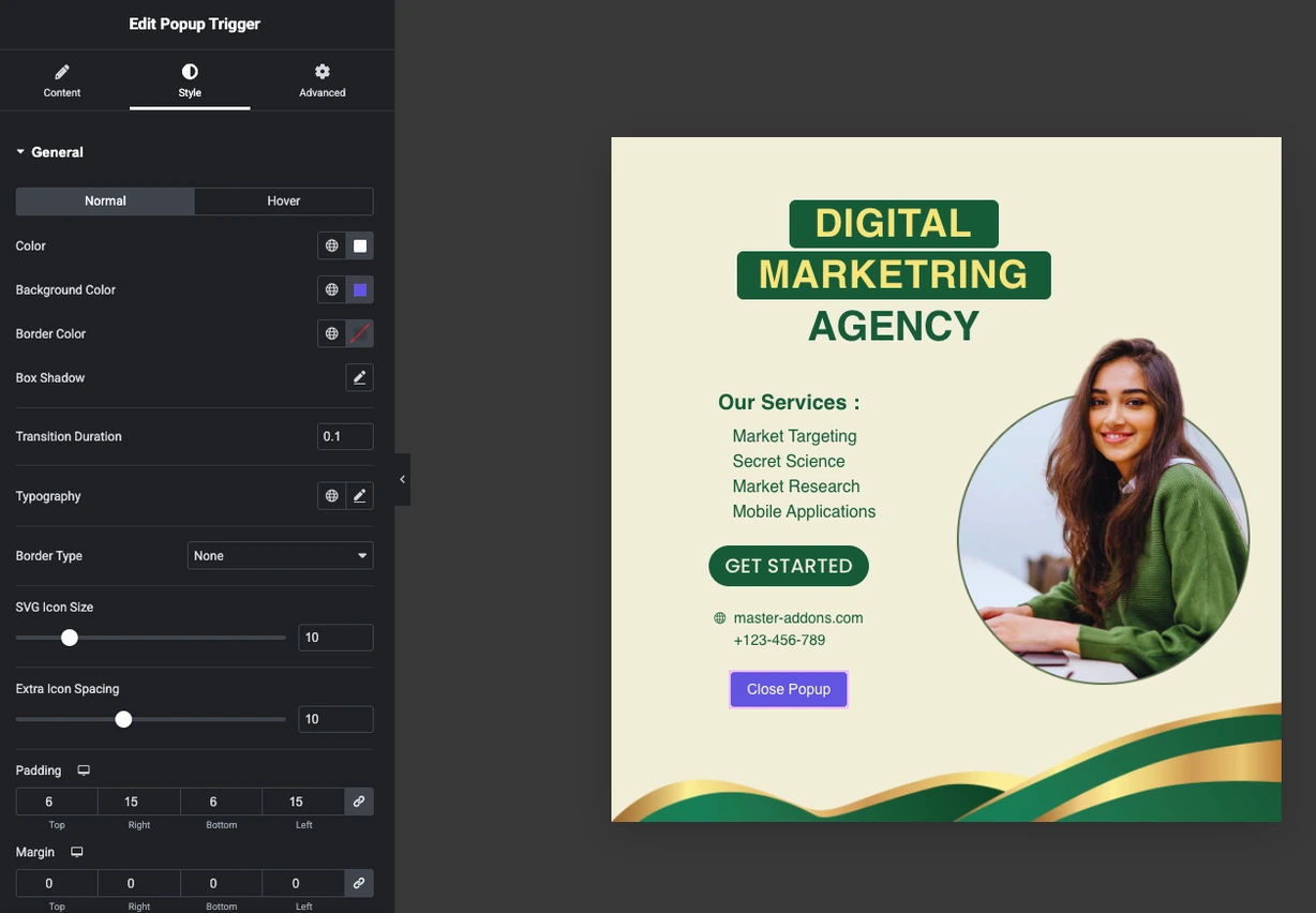 Popup Trigger Style tab open on the General section in the Elementor panel, showing the Normal and Hover state tabs with Color, Background Color, Border Color, Box Shadow, Transition Duration, Typography, Border Type, SVG Icon Size, Extra Icon Spacing, Padding and Margin controls