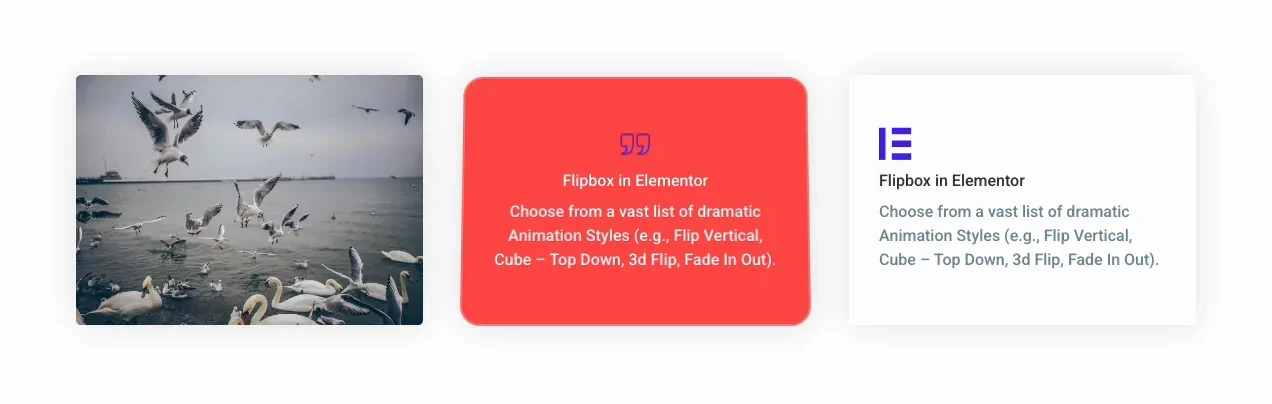 Tres tarjetas tipo flip box de Elementor en la parte frontal: una tarjeta con imagen LED, una cara posterior roja con texto de descripción y una cara frontal blanca con un ícono y título de Elementor