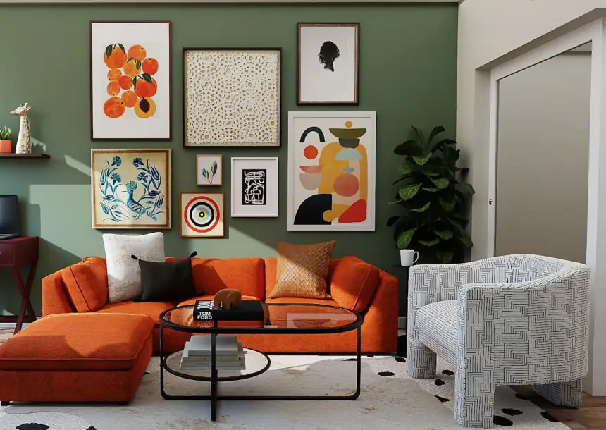 Warm minimalist living room with textured walls