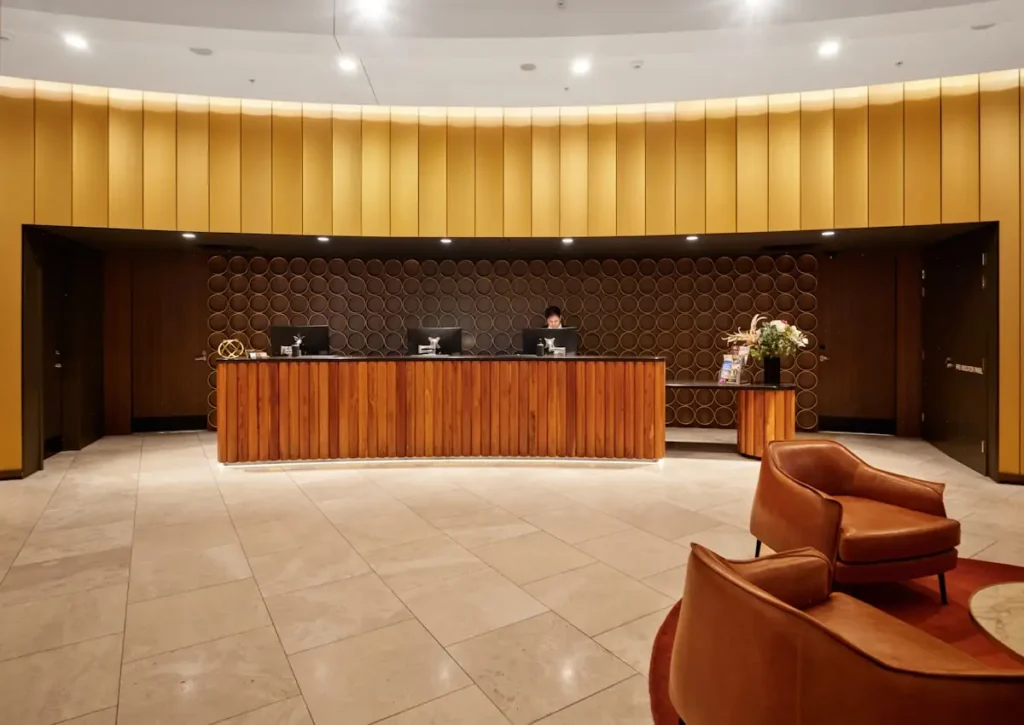 Hotel lobby interior with lounge seating