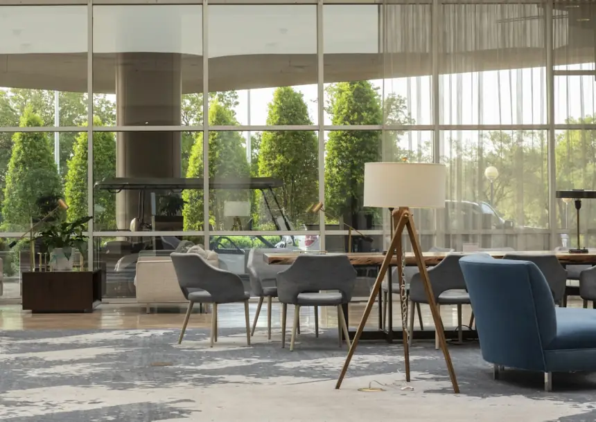 Hospitality lounge interior with statement lighting
