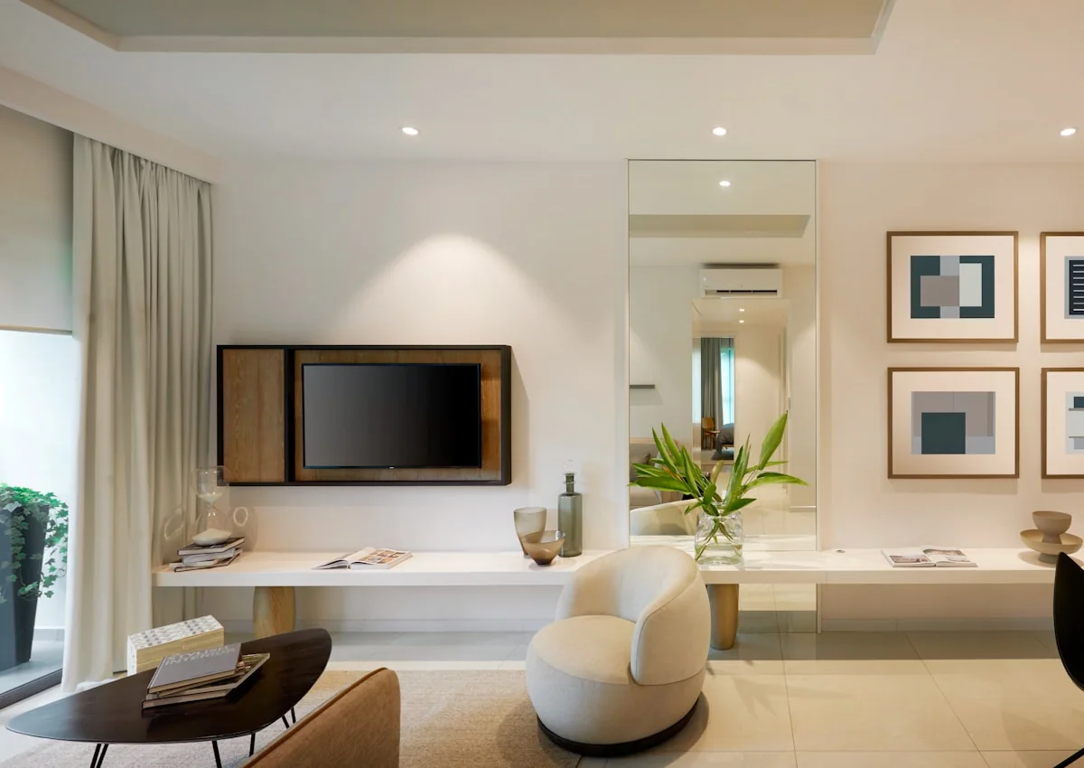 Bright modern apartment living room listing photo