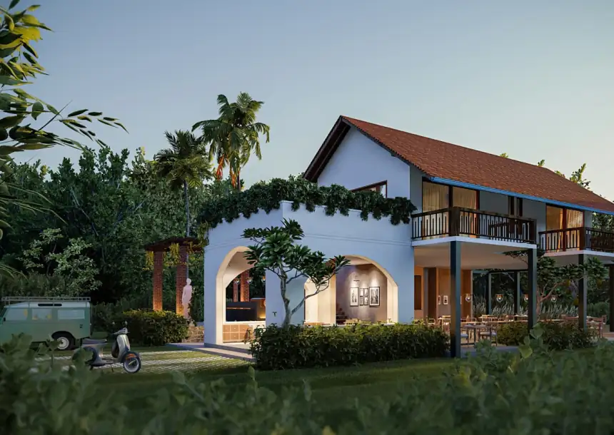 Luxury villa exterior with pool at dusk