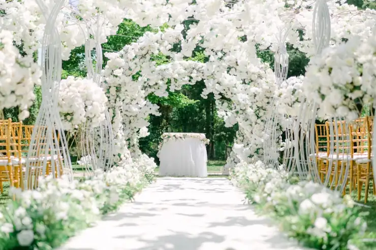 Wedding ceremony vows under an arch