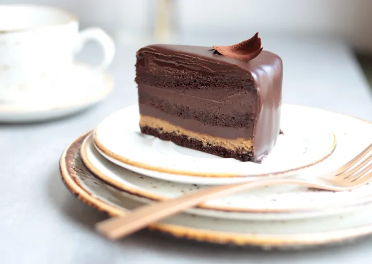 Chocolate delice dessert slice plated with a fork