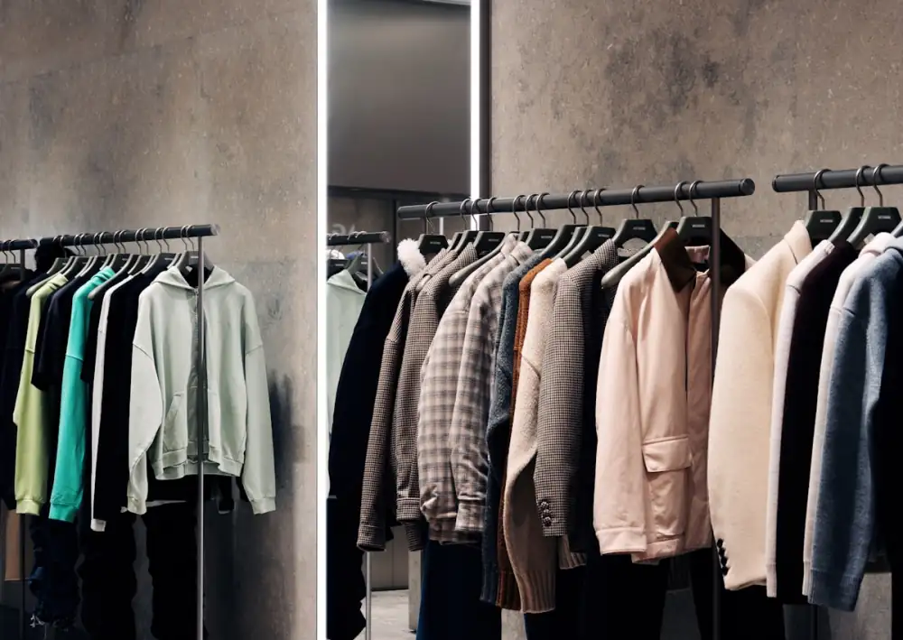 Retail store interior with clothing rails