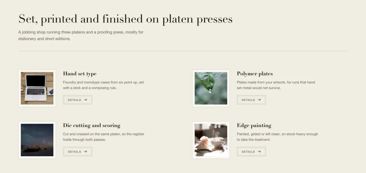 Filigree Elementor image box design with small thumbnails and fine rules in a dense two-column list