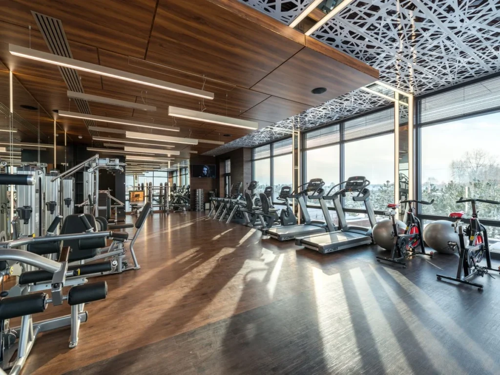 The main floor at sunrise inside a fitness studio