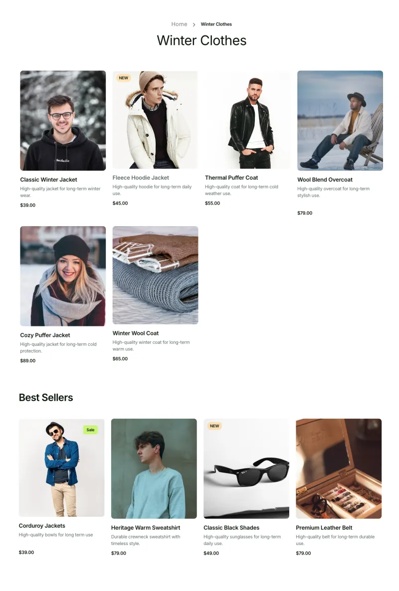 Sartivo Shop 제품 템플릿, 전체 페이지
