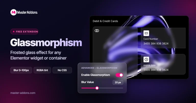 Master Addons Glassmorphism extension for Elementor: frosted glass cards with the Blur Value control set to 20px
