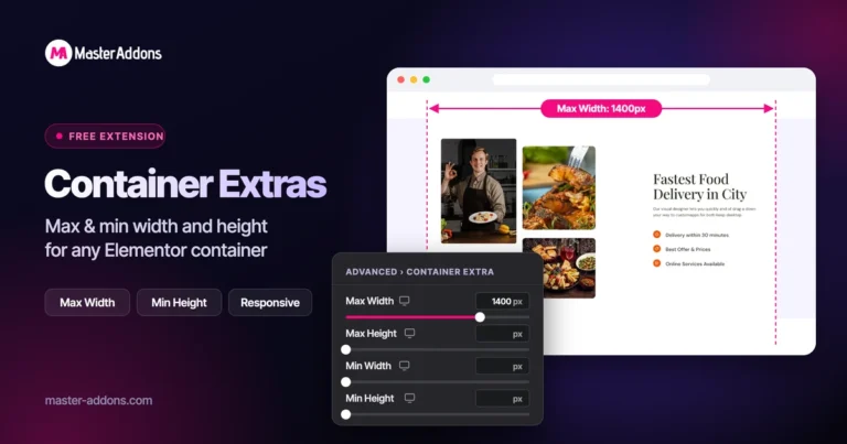 Master Addons Container Extras extension for Elementor: container capped at a 1400px Max Width, with Max Width, Max Height, Min Width and Min Height controls