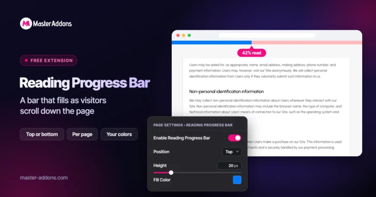 Master Addons Reading Progress Bar extension for Elementor: blue bar 42% filled across the top of a privacy policy page, with enable, position, height and fill color settings