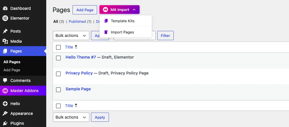 MA Import button on the WordPress Pages screen with Template Kits and Import Pages options