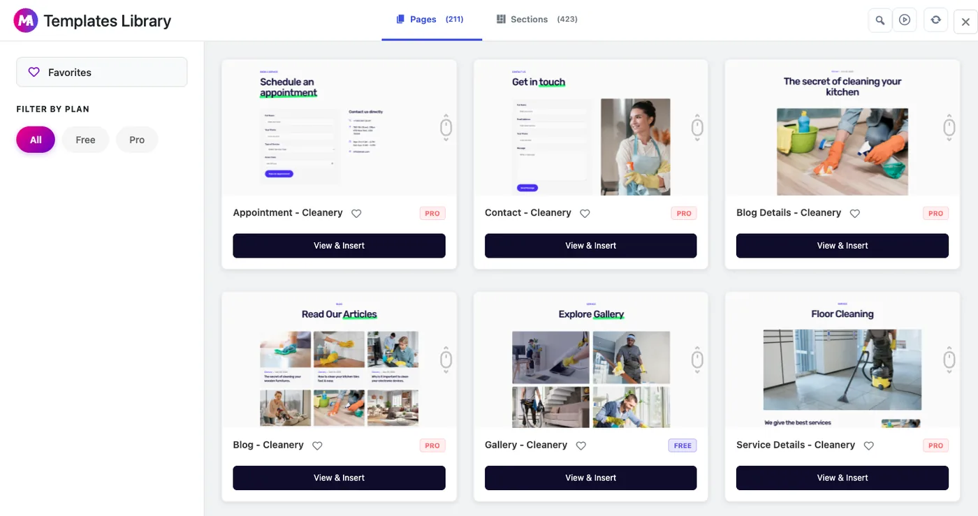 Master Addons Import Pages library listing Elementor page templates with Free and Pro filters