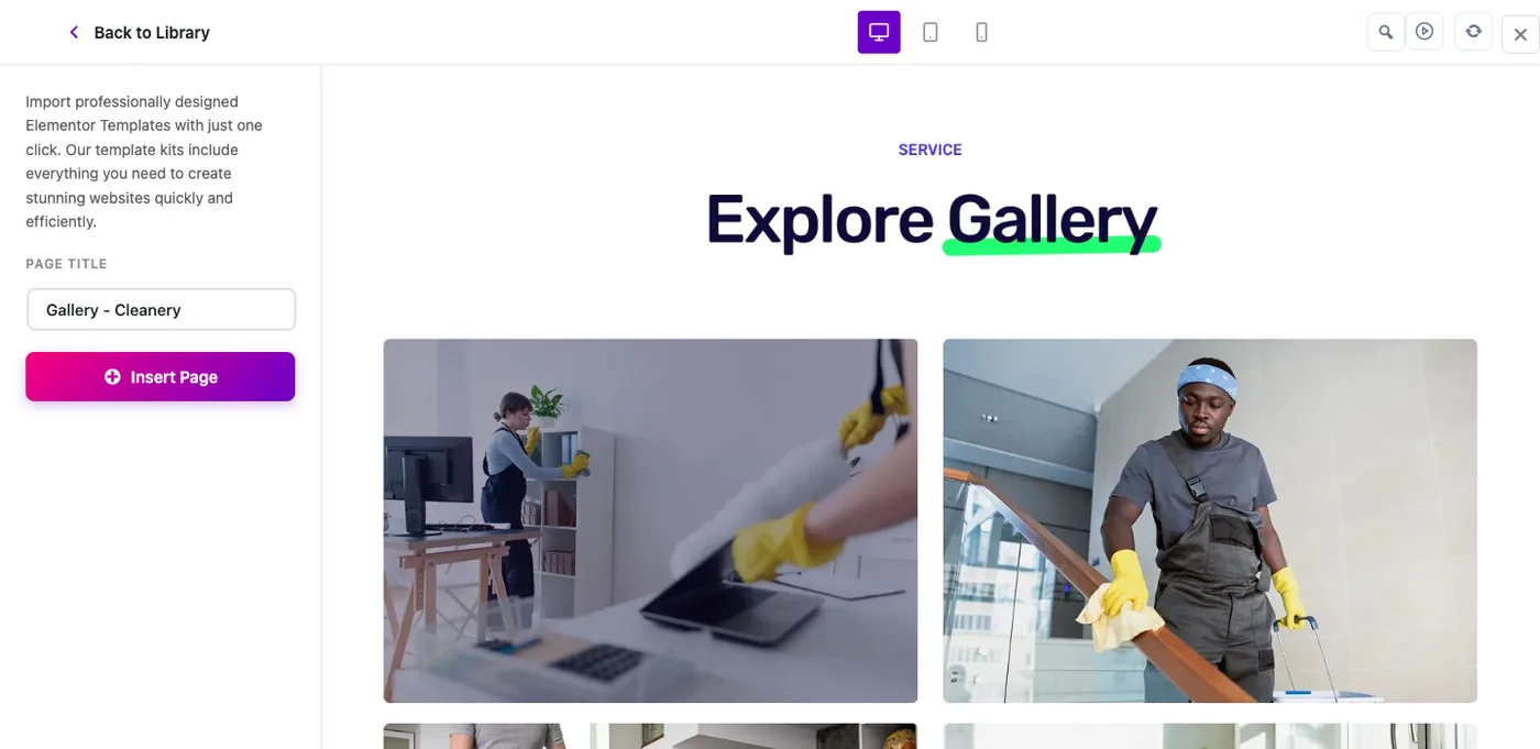 Elementor page template preview with Page Title field and Insert Page button in Master Addons