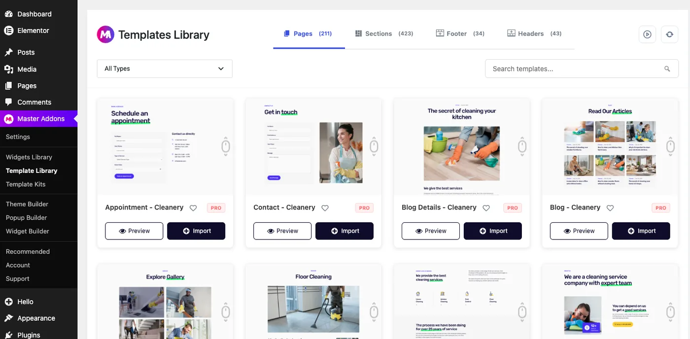 Master Addons Template Library in the WordPress dashboard with Pages, Sections, Footer and Headers tabs