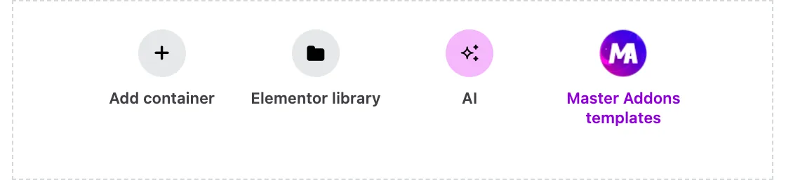 Elementor editor drop area with Add container, Elementor library, AI and Master Addons templates buttons