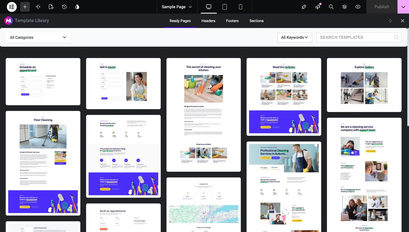 Master Addons Template Library open inside the Elementor editor showing ready pages