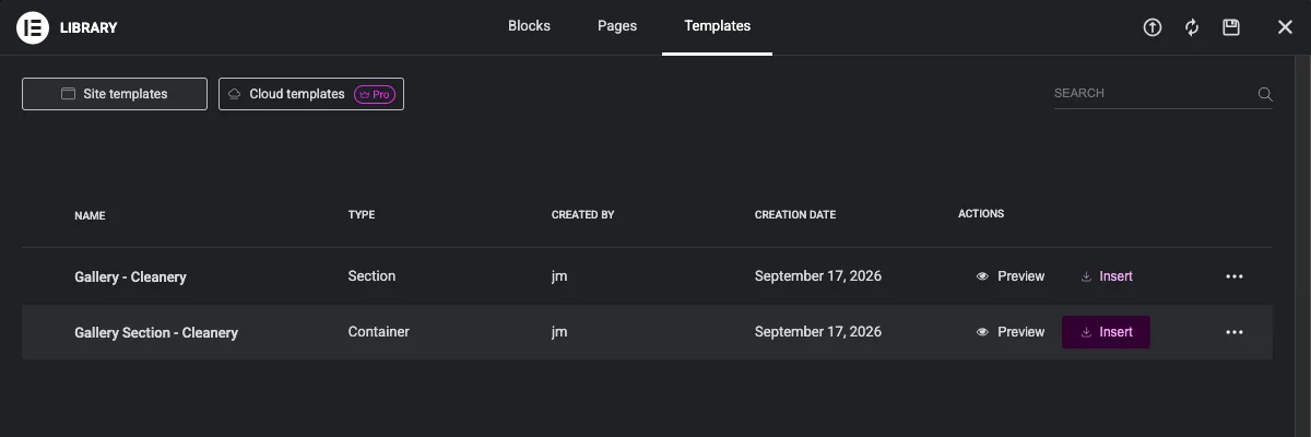 Elementor Library Templates tab listing saved templates with Preview and Insert actions