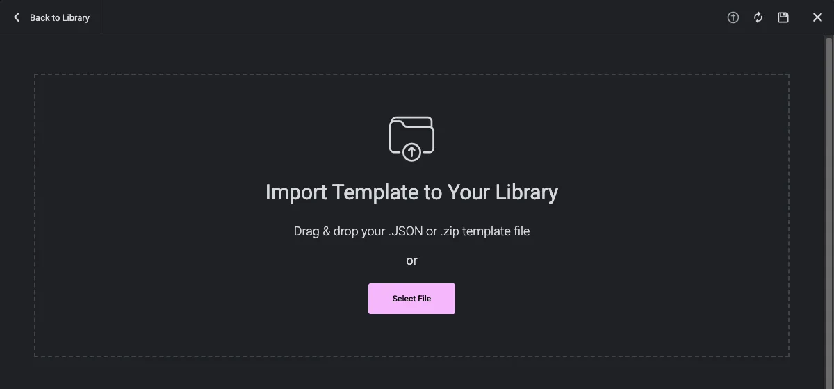 Elementor Import Template to Your Library screen for uploading a JSON or zip template file