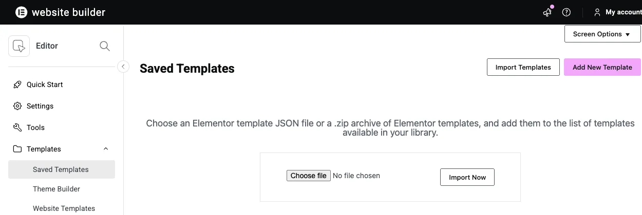 Elementor Saved Templates screen with Import Templates, Choose file and Import Now