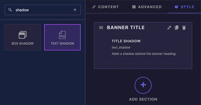 Text Shadow field found by searching shadow in the Master Addons Widget Builder and added to a Style tab section