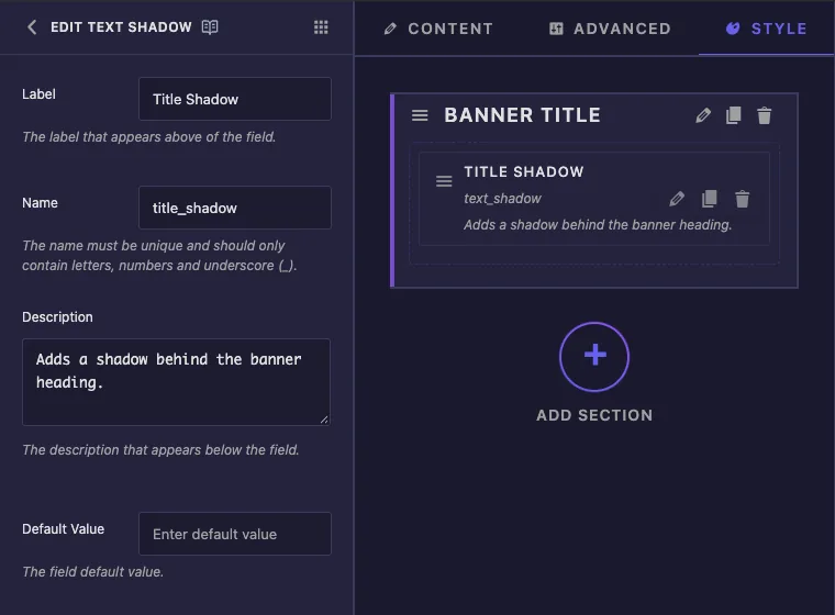 Text Shadow field Label, Name, Description and Default Value options in the Widget Builder