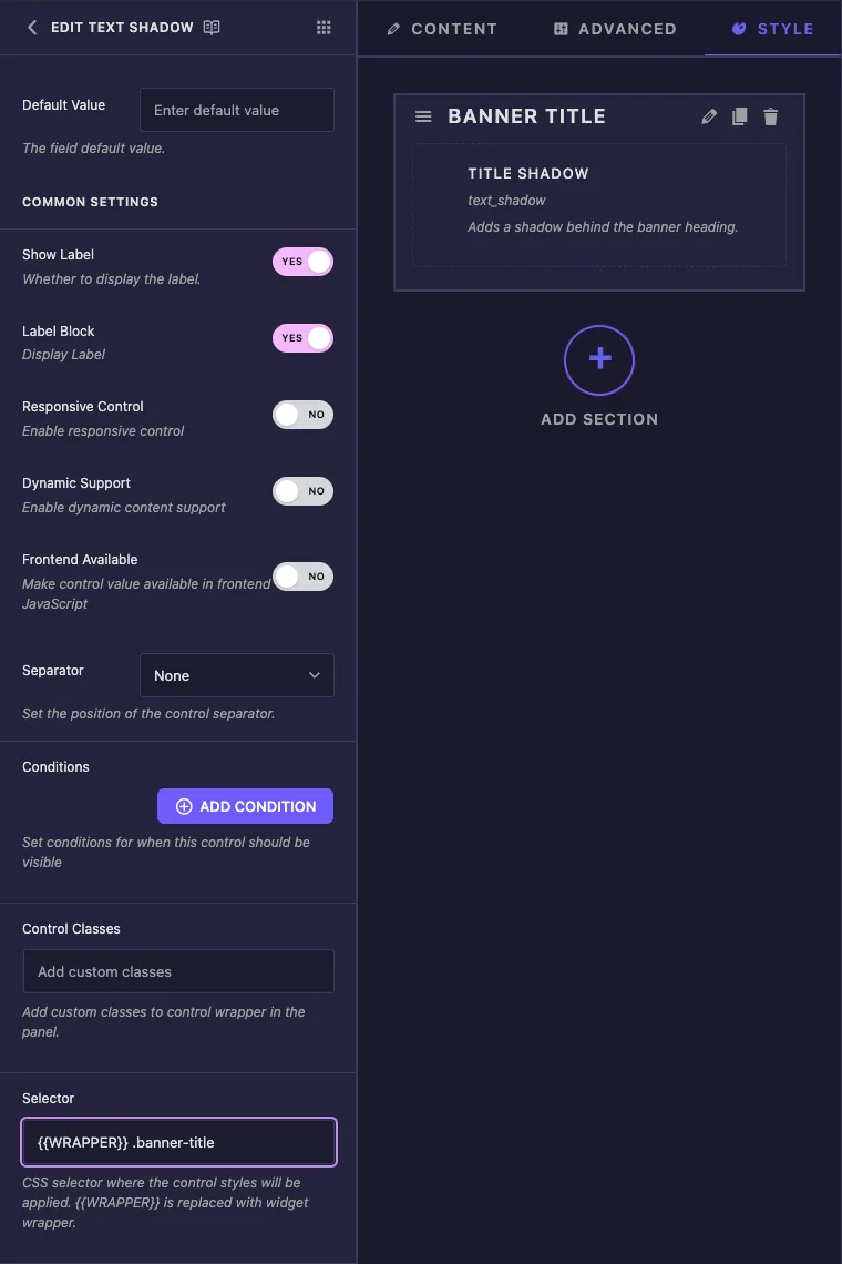 Text Shadow field common settings with the Selector option set to {{WRAPPER}} .banner-title
