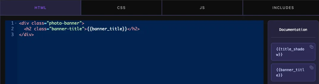 Widget HTML tab showing the banner-title class that the Text Shadow selector targets