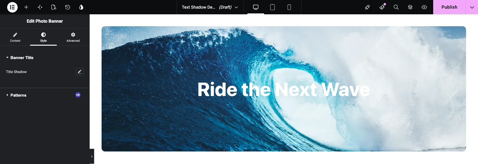 Title Shadow control in the Elementor Style tab of a custom Widget Builder widget before a shadow is applied