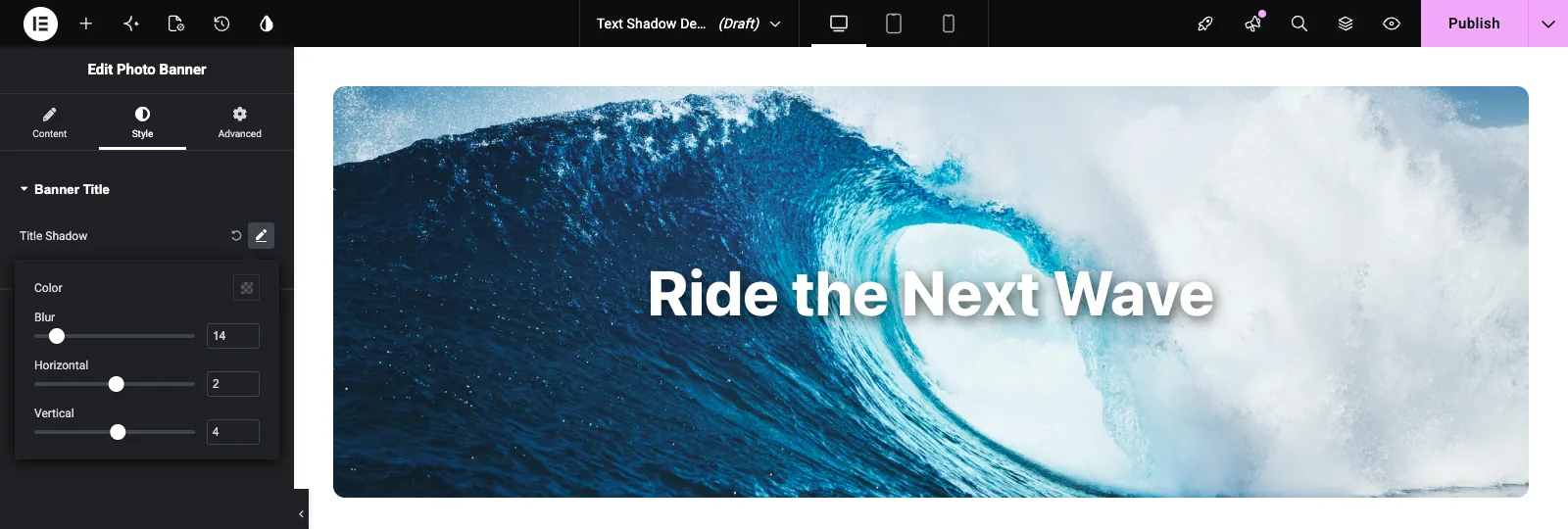 Elementor text shadow popover with Blur 14, Horizontal 2 and Vertical 4 on a banner heading