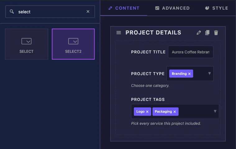Select2 field found by searching select in the Master Addons Widget Builder with Project Type and Project Tags fields in a Content section