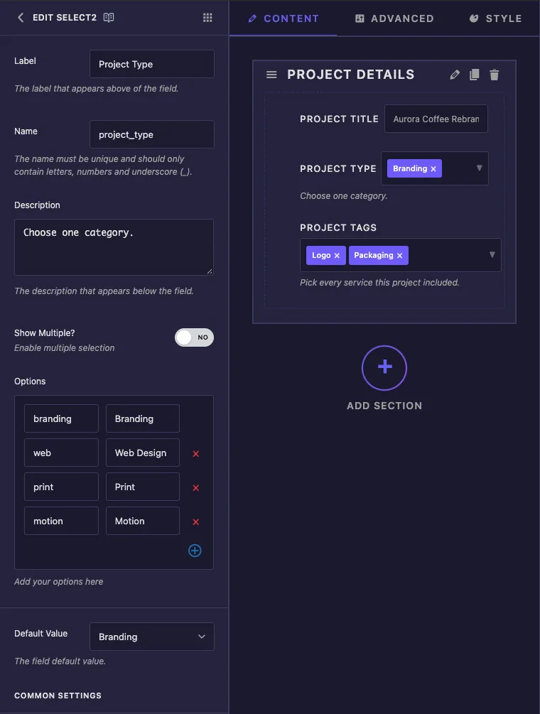 Select2 field options in single mode with Show Multiple off, four options and Branding as the default value