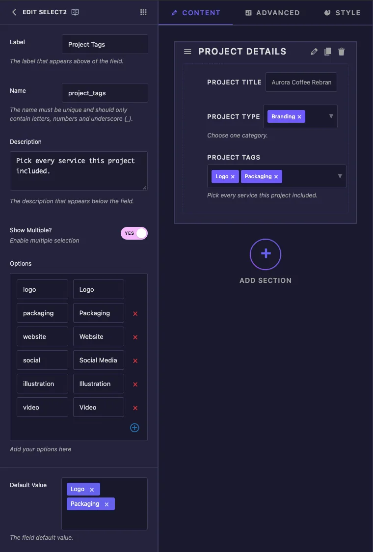 Select2 field options with Show Multiple on, six key and label options and Logo and Packaging as default values
