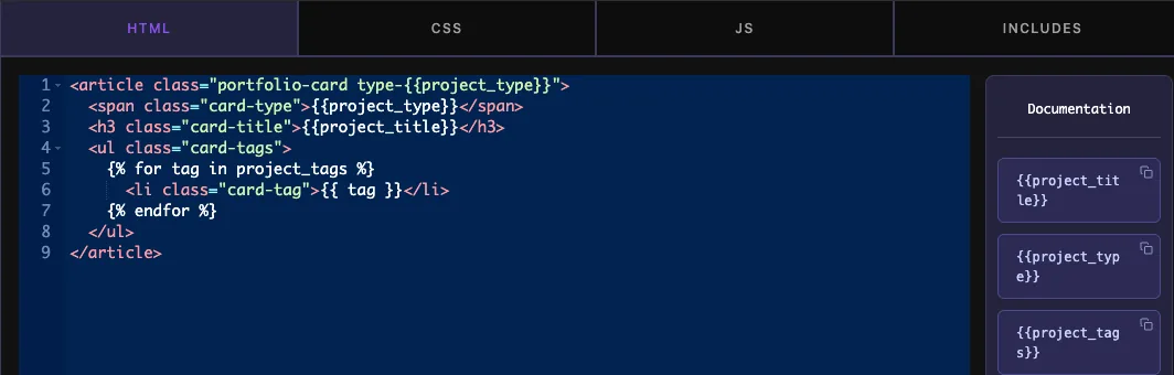 Widget HTML using the project_type token and a for loop over project_tags