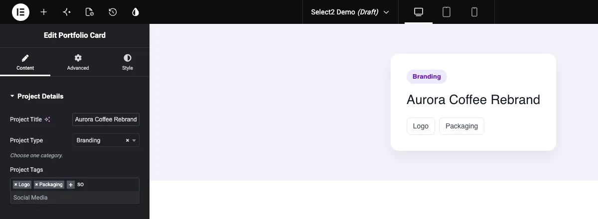 Typing in a multiple Select2 control in Elementor filters the options to Social Media