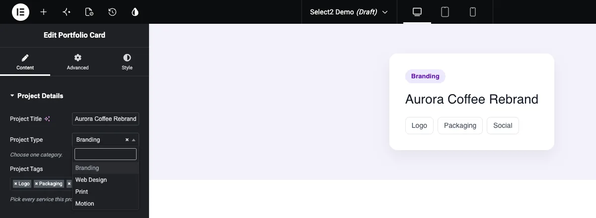 Single Select2 dropdown open in Elementor with a search box and four options