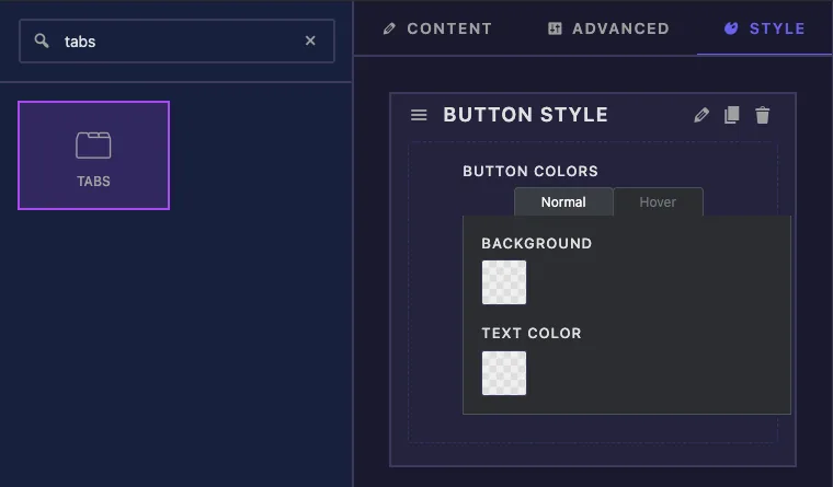 Tabs field found by searching tabs in the Master Addons Widget Builder with a Normal and Hover tab preview in a Style section