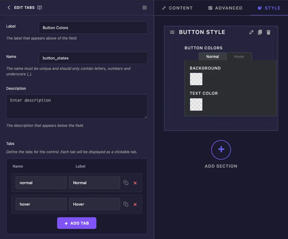 Tabs field Label, Name and Tabs table with normal and hover tab names and labels