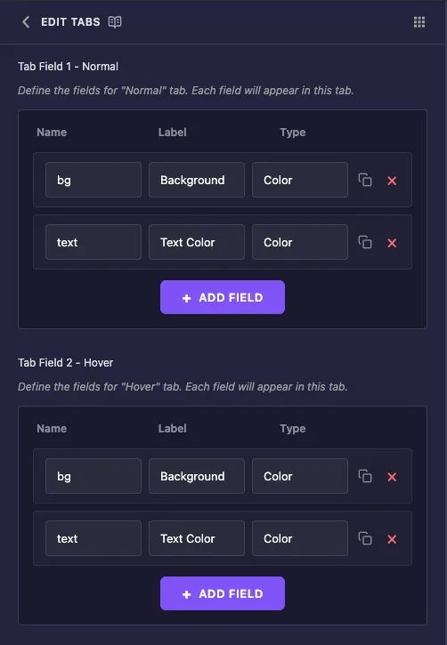 Tab Field tables for the Normal and Hover tabs, each with bg and text color fields
