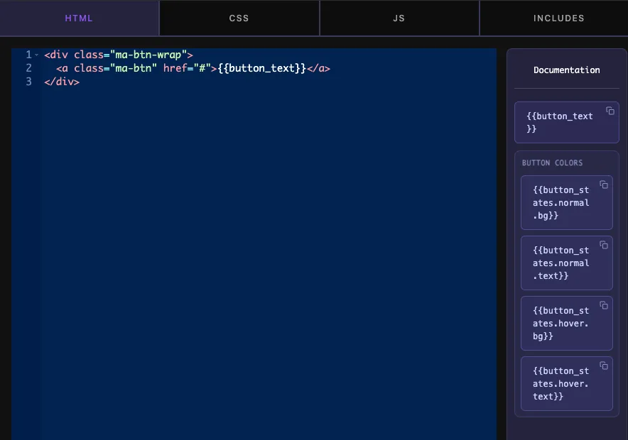 Widget Builder Documentation panel listing button_states.normal.bg and other nested tab tokens