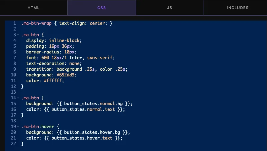 Widget CSS using button_states.normal and button_states.hover tokens with a fallback rule
