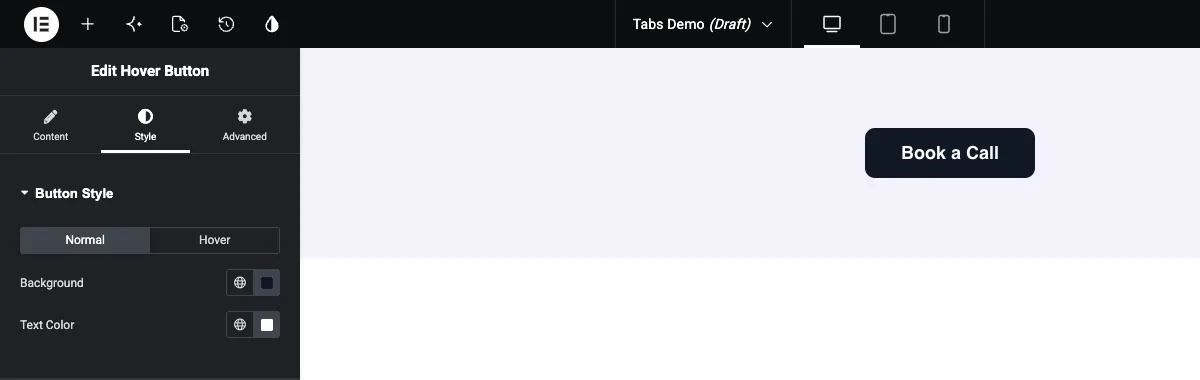 Normal tab of the Tabs control in the Elementor Style tab with Background and Text Color